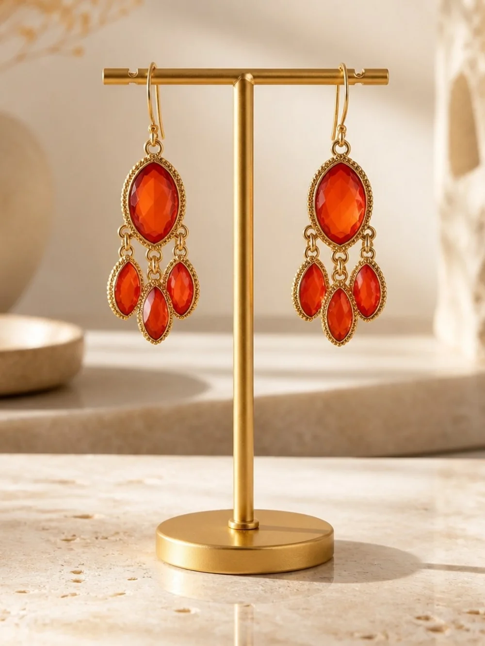 Gold-Tone Orange Gemstone Chandelier Earrings